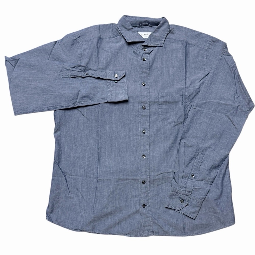 Eton Contemporary Blue Soft Spread‎ Collar Button Front Shirt Men's Size 46 XXL